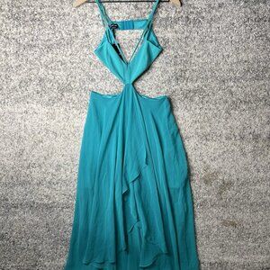 Bebe Cutout Hi Lo Twill Dress Robe Asym Sergee Ouv Teal Size 4